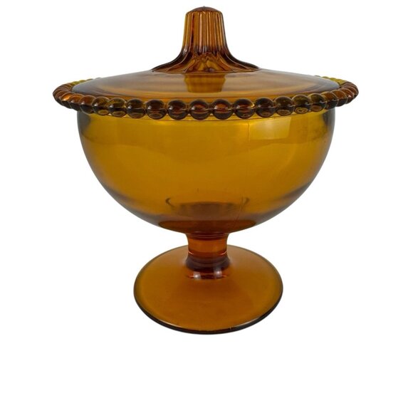 Indiana Glass Amber Vintage 60s Retro Beaded Edge Compote Lid Covered Candy Dish - Picture 1 of 11